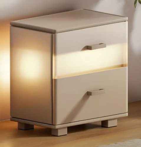 the night light is on, and an illuminated drawer,storage cabinet,nightstands,nightstand,dumbwaiter,baby changing chest of drawers,credenza,minibar,chest of drawers,sideboard,cupboard,dresser,metal cab