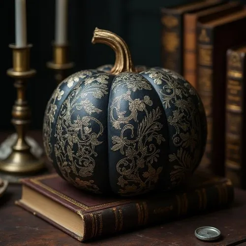 A sophisticated Victorian-inspired pumpkin with intricate lace-like designs in black and silver. Surrounded by antique books and candlesticks, it exudes an elegant, gothic charm, perfect for a haunted
