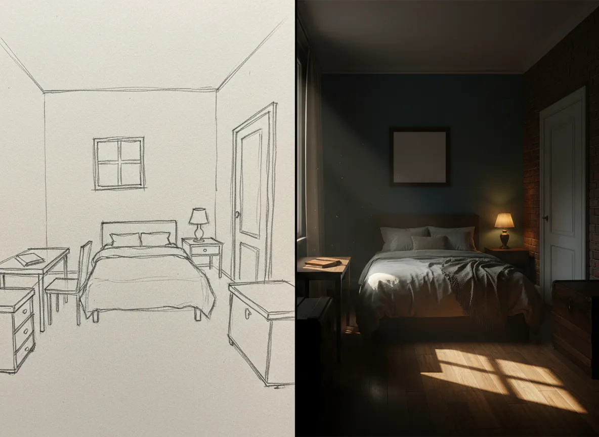 एक साधारण कमरे के स्केच और एक समृद्ध कियारोस्क्यूरो लाइटिंग इफ़ेक्ट के साथ एक फ़ोटो-यथार्थवादी PromeAI रेंडर की साथ-साथ तुलना।
