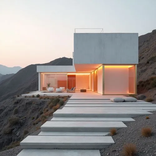  ,a house sitting on top of a hillside next to a mountain,dunes house,cubic house,modern architecture,modern house,house in the mountains,exposed concrete,house in mountains,siza,amanresorts,cantileve