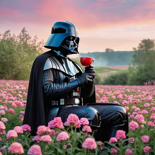 Darth Vader sitting in a flower field, pastel colors, aesthetic, coquette, sipping tea, picnic,darth vader,vader,darth wader,field of flowers,flower delivery,flower background,strawberries falcon,boba