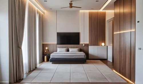 interior room render, tv unit and dresser  is in louvers, use light colors, add realistic  materials according to the reference, add lighting
,a bedroom with a tv and built in shelving and ds,hallway 