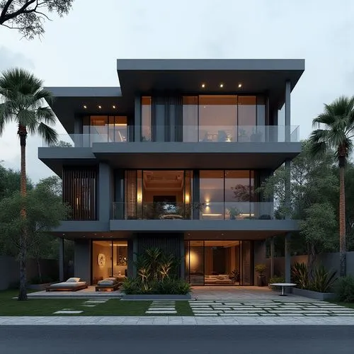 A hyper-realistic, high-resolution architectural photograph of a multi-level, contemporary luxury residence featuring a sleek, geometric design. The exterior is composed of smooth, matte charcoal-gray
