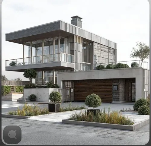 Create a stunning photorealistic architectural render of this modern villa while preserving the original design and proportions. Use a premium combination of floor-to-ceiling glass, exposed concrete, 