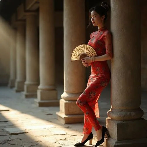 a beautiful woman in a red outfit is holding an oriental fan,oriental girl,geisha girl,oriental princess,oriental,red lantern,lady in red,flamenco,oriental lantern,girl in a long dress,man in red dres
