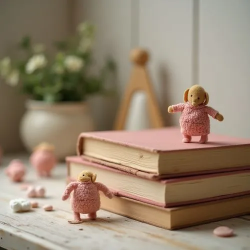 exclusive kids room elegant decoration on table ,delicate ,blured background,zoom focus,books
,a couple of books that are on a table,handmade doll,marzipan figures,miniature figures,little people,sewi