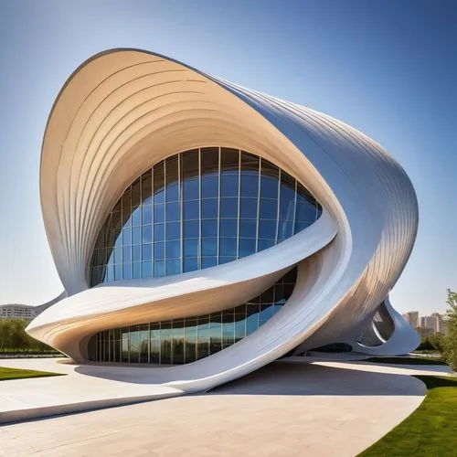 
"Create an illustration of the Heydar Aliyev Center, one of Zaha Hadid's most iconic buildings. Capture the fluid, wave-like form of the structure, emphasizing its seamless curves and dynamic surface