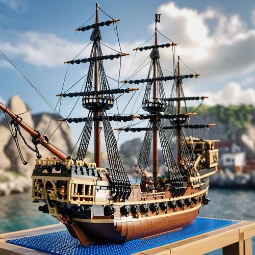 lego pirate ship with masts and rigging in box, close-up, sharp focus, intricate details, highly detailed,galleon ship,ship replica,full-rigged ship,galleon,east indiaman,manila galleon,mayflower,pira