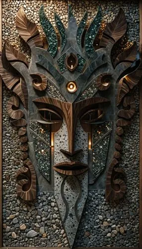 a large mosaic mask made of a human face,mosaics,venetian mask,wood carving,wall panel,head plate,stone sculpture,wooden mask,marquetry,doormat,carved wood,public art,mosaic glass,wall decoration,bron