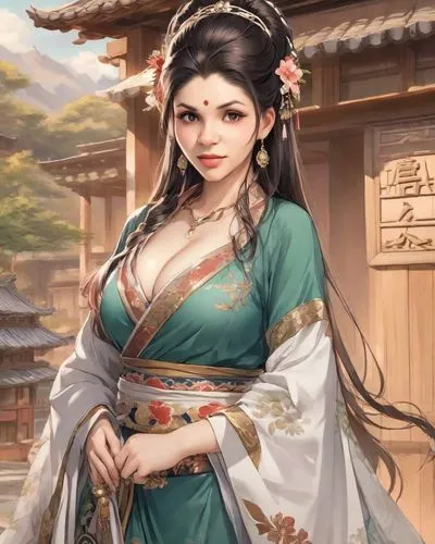 a chinese woman in traditional dress holding her hand on the waist,diaochan,kuanyin,qingyi,xuanwei,yuexiu,longmei