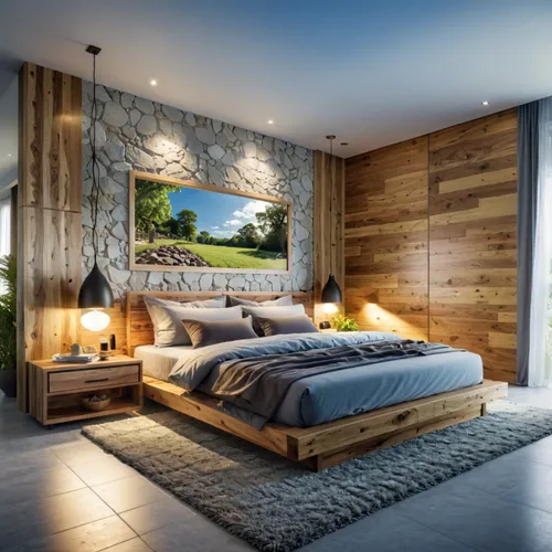 a bedroom decorated in a rustic style with a stone wall and wood bed,modern room,wooden wall,sleeping room,headboard,modern decor,guest room,contemporary decor,great room,bedrooms,bedroom,interior mod