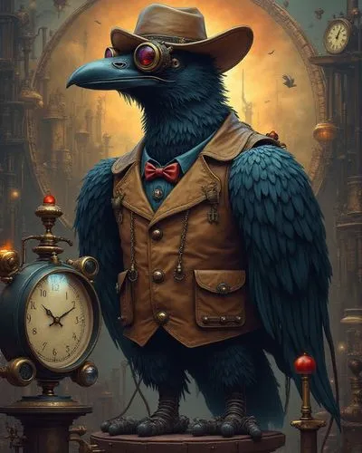 The background is filled with large various steampunk devices and a large 19th century steampunk airship. The center of attention is a surreal large figure of a bird - a large black raven controlling 