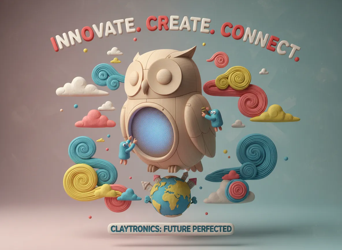 एक पेशेवर मार्केटिंग पोस्टर जिसमें मैक्वेट शैली चित्रण में प्रस्तुत एक उत्पाद है, जो क्लेमेशन तत्वों से घिरा हुआ है।