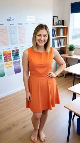 High quality photo, best face features: beautiful face, smart 23-year-old european female with a great satisfied smile, facing the camera and looking directly at it.,a girl poses in a classroom with a