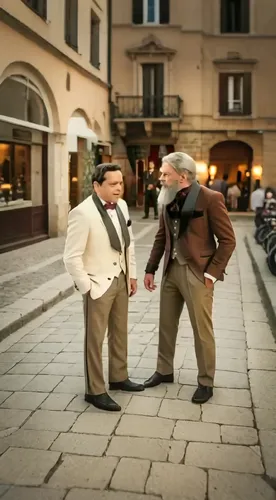 two men with their jackets on are standing on a sidewalk,grandpas,oldsters,old couple,elderly couple,handshaking,dancing couple