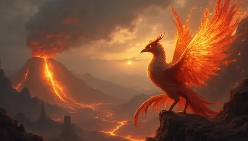 "A fiery phoenix perched on the edge of a mystic volcano, its feathers ablaze with golden and crimson flames. The volcano erupts with molten lava that flows down into a valley filled with glowing crys