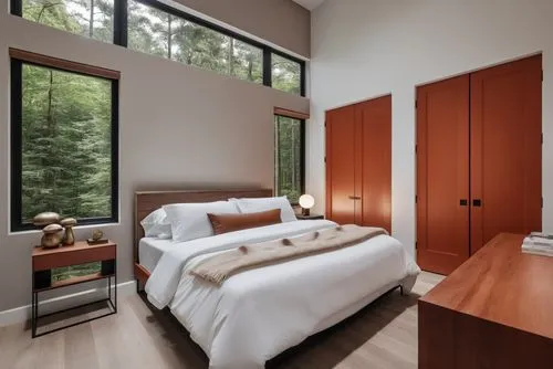 huge window, outside is Forest,amanresorts,guest room,guestrooms,modern room,guestroom,japanese-style room,sleeping room,forest house,wooden windows,wood window,lefay,cellmark,bedroom,smartsuite,bedro