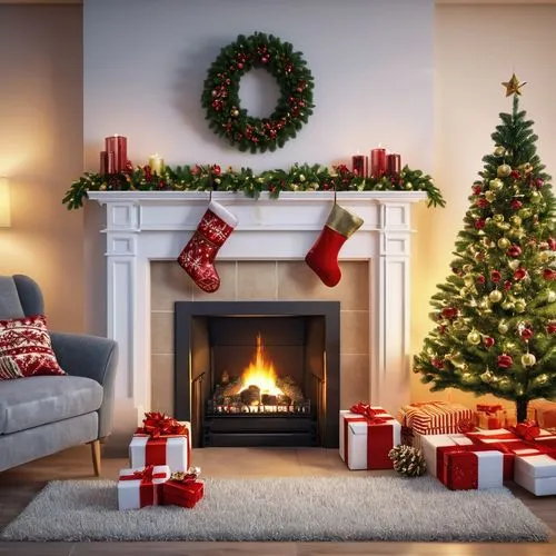 cear una imagen realista calidad hd , con un salon con adornos de navidad,un pino con regalos abajo y una chimenea encendida ,a living room has a fireplace, christmas stockings and gifts in the firepl
