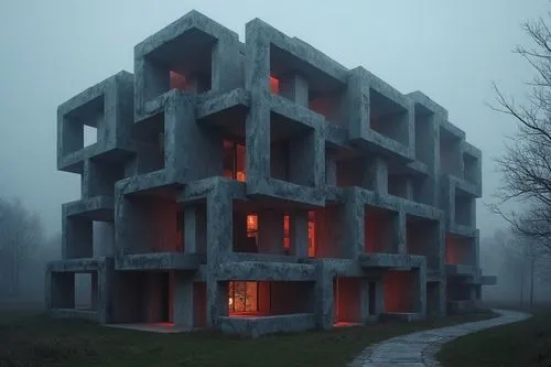 Haunted house, Scary building, Scary-Looking Structures, red lignts, Envision structures that evoke an atmosphere of dread and mystery, buildings, dark, dangerous,,an artful concrete house in the midd