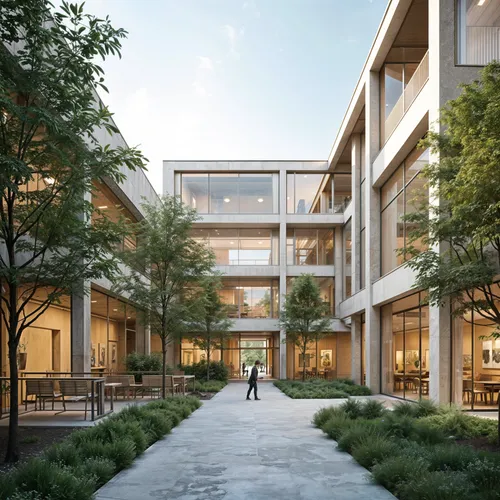 An inviting, approachable aesthetic that combines clean lines with natural materials, creating spaces that prioritize user comfort,there is a walkway between two buildings in a courtyard,cedarvale,coh