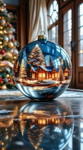 a glass ball ornament sitting on a table,glass ornament,christmas globe,christmas ball ornament,glass decorations,vintage ornament,christmas landscape,christmas decoration,glass yard ornament,christma