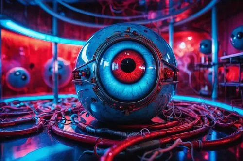 Creepy eyeball room, dimly lit, eerie atmosphere, spherical eyeballs scattered around, glassy surface, black pupil, red veins, metallic floor, futuristic lab equipment, wires and tubes connected to ey