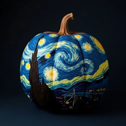 A Van Gogh-inspired pumpkin painted with swirling patterns of stars and a night sky in deep blues and yellows. It’s set against a simple, dark backdrop, giving a dreamy, artistic touch that captures t