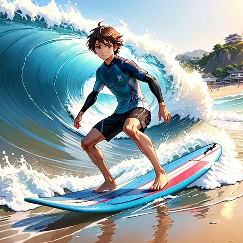 japanese style, manga, realistic,colors.summer,surfing,an animated man riding a blue surfboard on the water,surfer,surf,big wave,surfing,swamis,surfed,Anime,Anime,General