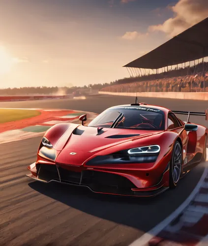 nside the racetrack, there are stands on both sides, with the track in the middle. On the left side of the track, a red racing car is driving towards the camera, emitting exhaust fumes. The entire sce