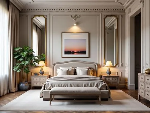 Modern style building, combination of white brick material  and reflective black stone on the facaA luxurious neoclassical bedroom interior perspective render. The view shows two walls: the front wall