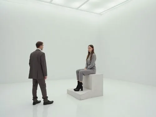 Photorealistic contemporary art gallery scene with a minimalist performance-art atmosphere.
A stylish young woman with a calm, confident presence sits elegantly on a modern lightweight metal chair pla