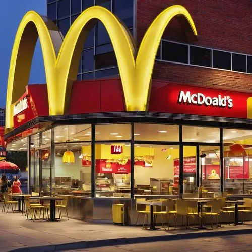 Yellow M shaped sign, modern McDonald's restaurant, glass walls, metal framework, bright red and yellow color scheme, rectangular shape, flat roof, neon lights at night, urban setting, cityscape, busy