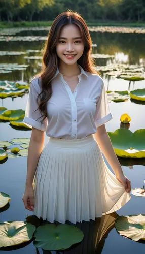 young woman in white dress by lily pads posing for pograph,lily pad,waterlily,lily water,wanzhou,water lily,lily pond,water lotus,lotus pond,lily pads,lotus on pond,daecheong lake,yunjin,yandong,yingj