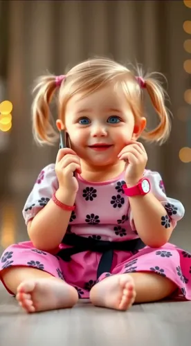 a  sitting on the floor holding a cell phone,little girl in pink dress,female doll,cute baby,cloth doll,handmade doll,doll dress