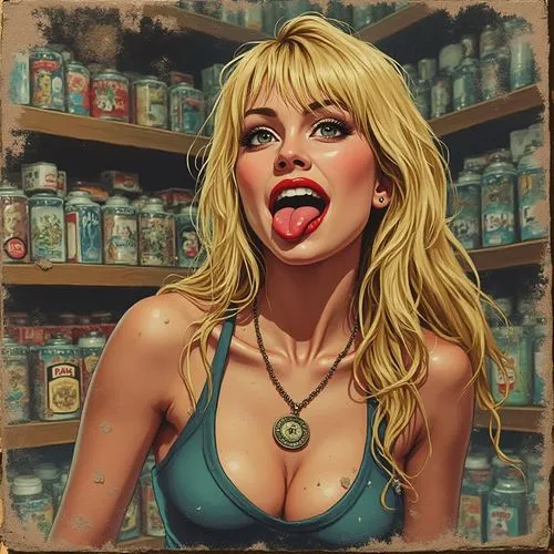 this is a painting of a woman with an open mouth,shopping icon,barmaid,saleswoman,shopkeeper,diet icon,store icon,vermouth,saleslady,librarian,salesgirl,blonde woman,shoplifter,steam icon,poison,cigar