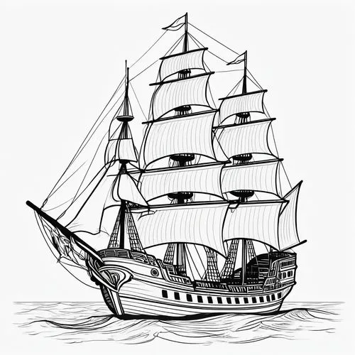 Black and white line art of a pirate ship, for coloring, realistic cartoon style, evoking adventure art,,a black and white ship on the water,sail ship,sailing vessel,sea sailing ship,nautical clip art