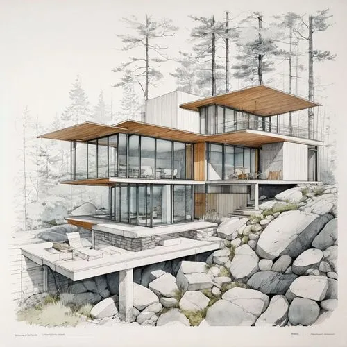 a drawing of a house sitting on top of some rocks,mid century house,cantilevers,dunes house,timber house,cubic house,house drawing,modern house,forest house,cantilevered,house by the water,prefab,mode