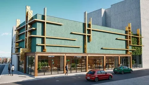 A 3d rendering of a modern, contemporary building with a unique architectural design. the building is located on a street corner, with a clear blue sky in the background. The exterior of the building 