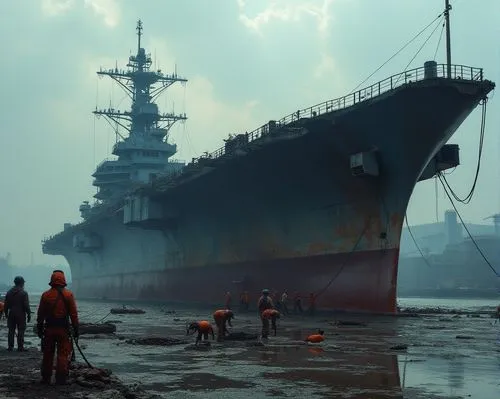 一艘正在充滿油汙,雜亂的軍港等待拆卸的航空母艦,碼頭有焊接工人在焊接,忙碌的工作,a large ship is moored on land while people stand near it,uss carl vinson,shipbreaking,drydock,drydocking,uss kitty hawk,drydocks
