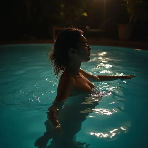 there is a woman that is swimming in the pool,pool,swimming pool,pools,pool water,swimmer,flotation,female swimmer,in water,swim,swimming,swim ring,water nymph,night photograph,chlorinated,naiad,merma