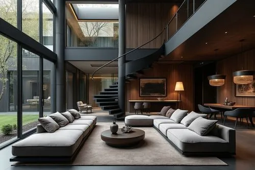 Italian Modern interior design in the style of aesthetics, Poliform Furniture style，Premium and Luxury， Exquisite, modern， large windows， The living room is adorned with elegant sofa sets, Large space
