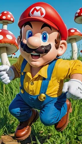 Mario, plumber, mustache, red hat, blue overalls, yellow buttons, brown shoes, jumping, pipe, mushroom, question mark block, coin, star, green grass, sunny day, clear sky, 3/4 composition, bold lines,