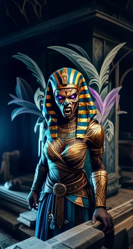 an egyptian warrior standing in front of a building,pharaoh,king tut,pharaohs,praetorian,gold mask,corrupter