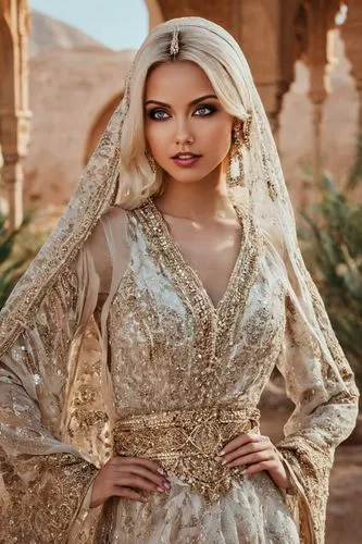 Barbie arabian,
eras headshots，Lifestyle Headshots， Lifestyle，Exotic Arabian Nights，women
,the woman in the dress is posing for the camera,bridal dress,bridal gown,golden weddings,wedding dresses,brid