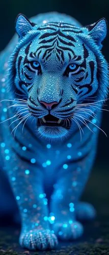 the tiger, made entirely out of shimmering blue gems, seems to radiate a vibrant energy. ,a close up of a tiger with its mouth open,blue tiger,asian tiger,tiger,a tiger,hottiger,tiger png,tigor,royal 