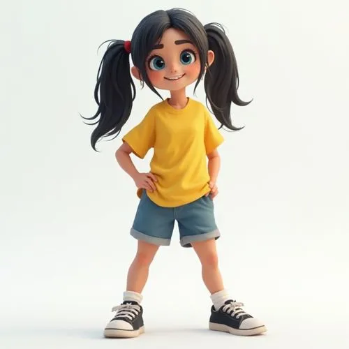 3-d cartoon image of a yang Western European girl with blue eyes full-length with long black straight hair wearing a yellow t-shirt, blue shorts and black sneakers,a cartoon girl in shorts and a yello