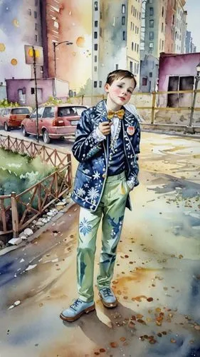 Мальчик в театральном костюме,a painting of a person on the street with his tie,watercolor painting,watercolor background,coffee watercolor,oil painting,toddler walking by the water,toddler in the par