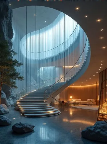 japanese boutique capsule hotel in the mountains, modern, glass walls, grand staircase, unique angles, epic lighting, ultradetailed, dslr, futuristic, nikon d750, lomo,the spiral staircase in a buildi