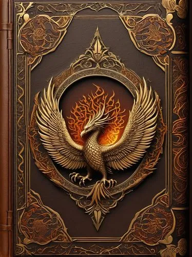 Fantasy book cover, leather-bound, golden font title, intricate design patterns, mysterious symbols, ornate frame, dimly lit background, old parchment texture, worn edges, bold author name, debossed p