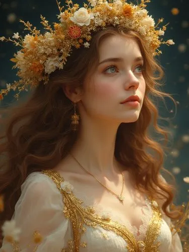 Photorealistic illustration of a brown-haired woman with a floral gold crown, in gold and white attire, on a starry background, fantasy baroque style, evoking Mucha,,a woman wearing a golden dress wit